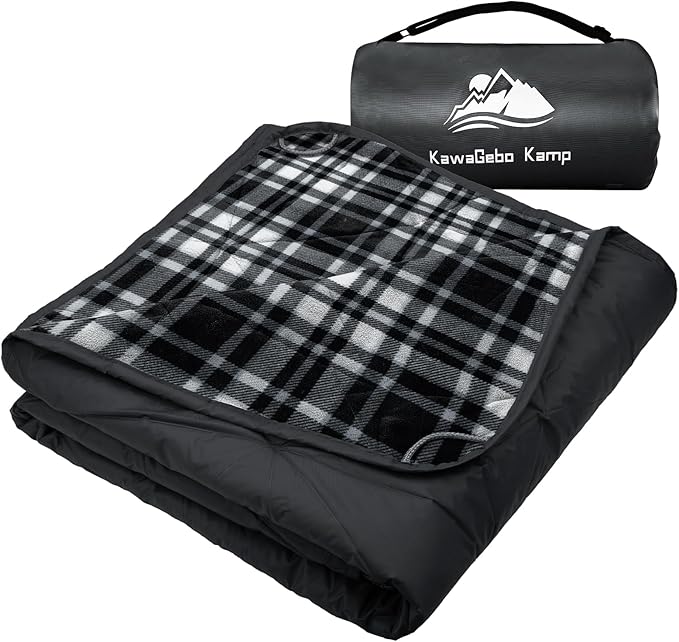 Large Waterproof Outdoor Blanket Thick Fleece 80" x 58" | Windproof Stadium Blanket, Wearable Poncho, Machine Washable for Camping, Car, Pet, Picnics - Black Check