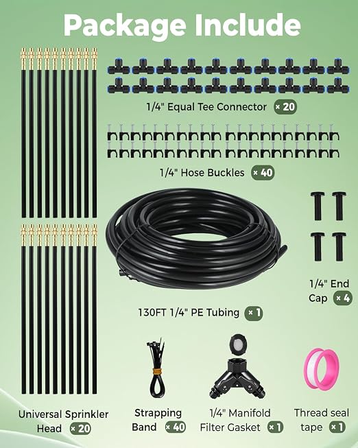 130FT Drip Irrigation System for Garden: 20 Nozzles 1/4" PE Tubing Automatic Watering Kit Adjustable Misting Sprinkler Mister Hose for Water Plants Tape Raised Beds Lawn Outdoor Yard Greenhouse 130FT