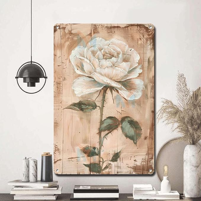 Metal Sign Tin Sign Vintage Wall Art Shabby Chic Rose Tin Sign for Antique Paint Effect White Rose Admirers and Distressed Wood Panels Tin Sign Paper for Pub 6×8 Inches