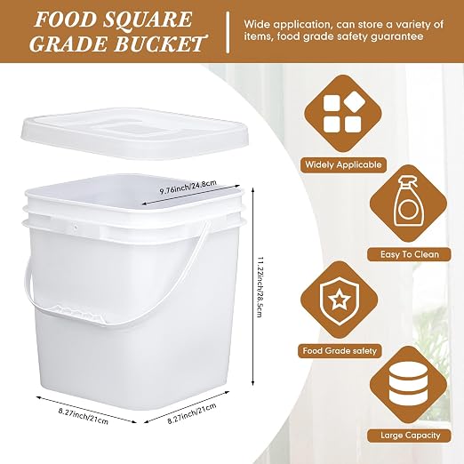 Mumufy 3 Pcs 3.5 Gallon Square Food Grade Bucket with Lid Square Bucket Pail Plastic Handles for Long Term Food Storage, Camping, Fishing, Home Organization Easy Stack and Store (White)