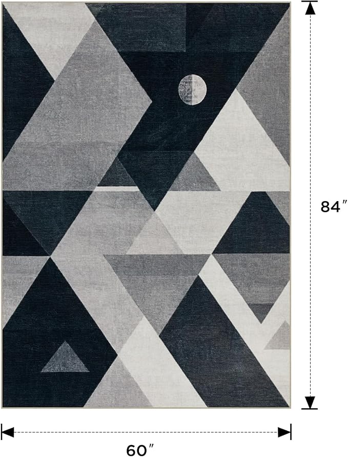 Joydeco 5x7 Geometric Washable Area Rug for Living Room, Black Gray White | Modern Non-Slip Low Pile Soft Stain Resistant Dark Gray Pet Child Friendly Carpet for Bedroom Dining Room Home Office