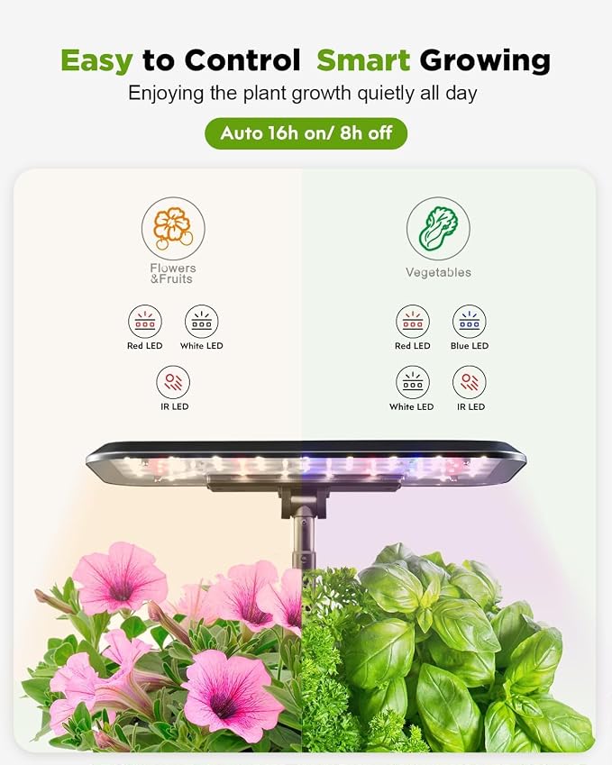 URUQ 8 Pods Hydroponics Growing System with LED Grow Light - Black | Quiet Water Pump, Automatic Timer, Adjustable Height for Fresh Herbs, Vegetables, Indoor Kitchen Gardening Gifts for Women