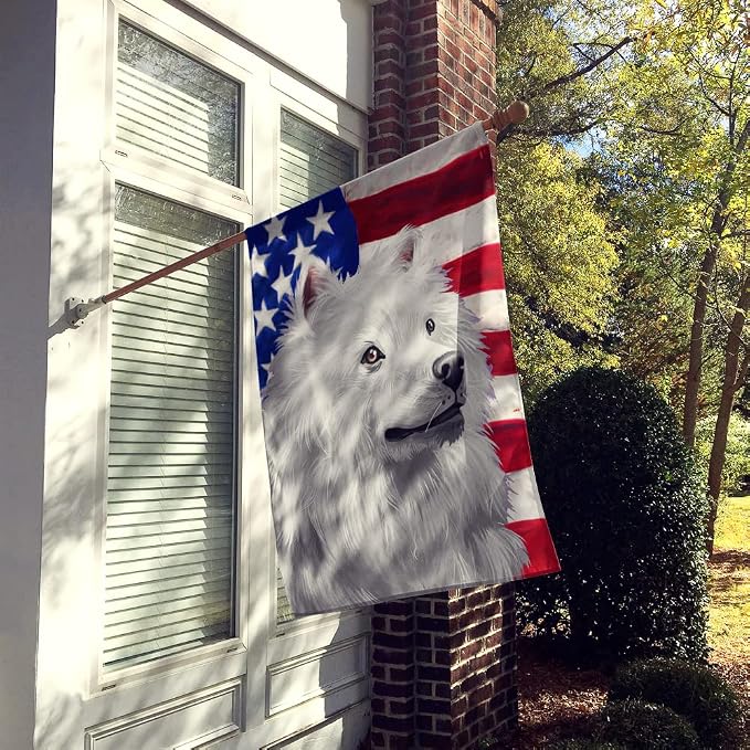 Caroline's Treasures CK6398CHF American Eskimo Dog American Flag House Flag Large Porch Sleeve Pole Decorative Outside Yard Banner Artwork Wall Hanging, Polyester, House Size, Multicolor