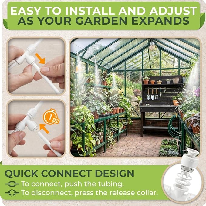 Misting System for Patio, 33 FT Outdoor Misters for Outside Patio Cooling, Fine Mist Mister Kit with Flexible Rod Nozzles, Garden Faucet Setup for Pergola, Garden, Greenhouse, Backyard, White