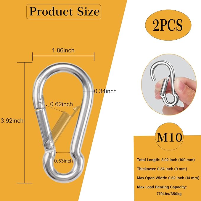 Heavy-Duty Carabiner Clip 1.57"–5.5", Black/Silver Spring Snap Hook, Quick Link Keychain Clip for Keys, Swing Set, Camping, Fishing, Hiking & Traveling (120–1350 lbs)