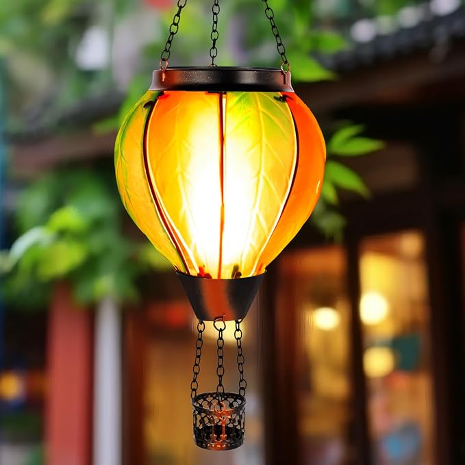 Hanging Solar Hot Air Balloon Lantern with Flame, Glass Hot Air Balloon Solar Lantern Outdoor Waterproof, Solar Powered Hot Air Balloon Lantern Decorative for Outside Garden Yard (Orange)