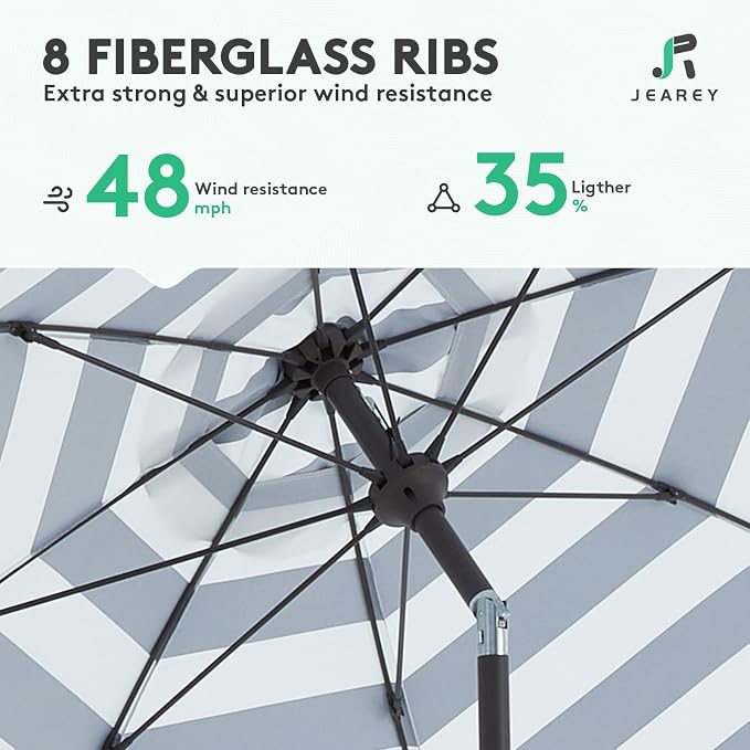 JEAREY 9FT Outdoor Patio Umbrella, Market Table Umbrella with 8 Fiberglass Ribs, Pool Umbrella with Tilt and Crank, UV Protection Lightweight & Wind-Resistant for Lawn, Garden, Deck and Backyard, Black-White Stripe