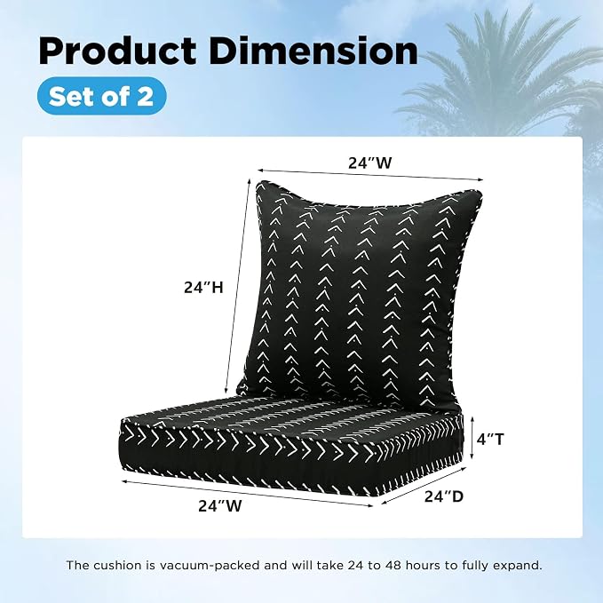 Outdoor Deep Seat & Back Cushion Set (2-Pack), 24 x 24 Inch Water Repellent and Fade Resistant Patio Furniture with Removable Cover for Outside Sofa Couch, Noir Trace