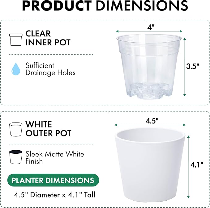 Phoenix Vine 4.5 Inch White Plastic Cachepot with Clear Nursery Pot, Decorative Lightweight Planter Cover with Transparent Inner Pot for Indoor Houseplants, Pack of 4, 24-B-D-4
