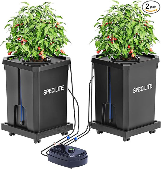 SPECILITE 7 Gallon 2 Buckets DWC Hydroponics Grow System with Wheels | Top Drip Kit, Deep Water Culture Recirculating Drip Garden System, Plant Stand with Air Pump, Air Stone, Air Hose