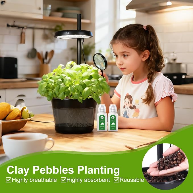 Indoor Clay Pebbles Hydroponic Gardening System with 20W LED Plant Grow Light.The Translucent hydroponic Growing System for Hydroponic Herbs, Vegetables, Lettuce Harvest on Countertop for Mother's Day
