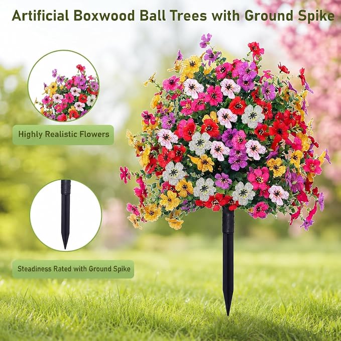 THKFUL Artificial c Trees Flower Ball Outdoor Set of 2, D15.8 UV Resistant Faux Boxwood Plants Flower Ball with Stake,Realistic Faux Shrubs Planter Filler for Front Cemetery Porch Garden
