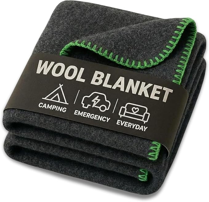 Wool Camping Blanket - 70% Wool Heavy-Duty Military Style Throw, Warm & Washable, Fire Retardant Cover for Emergency, Survival & Outdoor Use - Perfect for Camping, Car, Home & Hiking, Grey 62x84