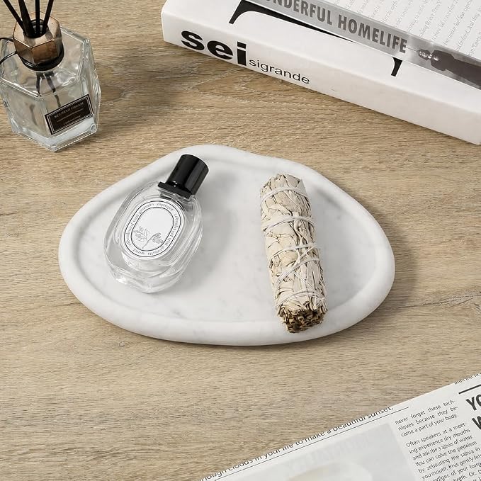 Koville Luxurious Natural Marble Vanity Tray for Home Decor, Cloud Shape Serving Stone Key Tray, 10" x 7" Marble Storage Trays for Bathroom, Stone Plate for Perfume, Candle and Jewelry（Bianco Carrara）