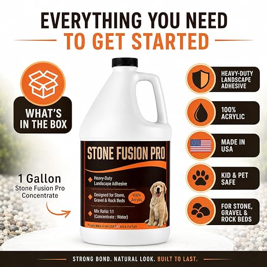 Stone Fusion Pro Stone Glue, 1 Gallon – Heavy-Duty Landscape Adhesive for Decorative Stone, Gravel & Rock Beds, 100% Acrylic Rock Binder, 1:1 Mix, Kid & Pet Safe, Made in USA