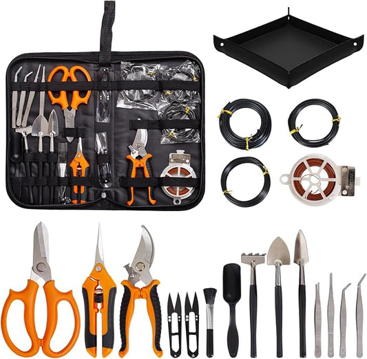 Bonsai Tools Kit 20 Pcs Garden Tools Set for Beginner, Gardening Gift for Women Men, Includes Bonsai Wire Kit, Plant Mat, Pruning Shears, Bonsai Scissors, Succulent Tools in Leather Storage Bag