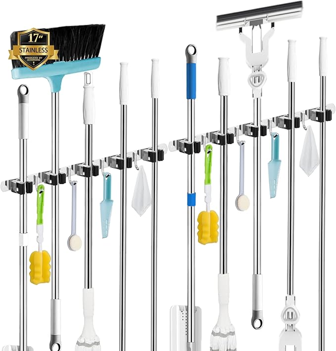 2 Pack Mop and Broom Holder Wall Mount, 5 Racks and 4 Hooks Broom Organizer Storage Tool Racks Stainless Steel Heavy Duty Hooks Self Adhesive Solid Non-slip for Home Kitchen Garden Laundry Garage | Mop Holder Wall Mount and Broom Hanger for Garage, Lau...