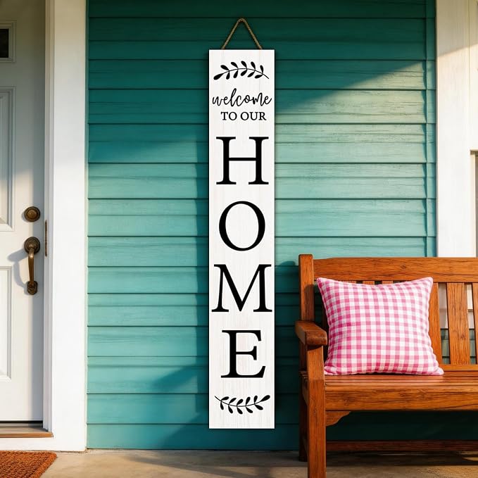 Welcome Sign for Front Porch, 47" Large Wooden Welcome to Our Home Sign Door Hanging Standing Plaque, Farmhouse Vertical Outdoor Porch Decorations for Yard Patio Entrance (White)