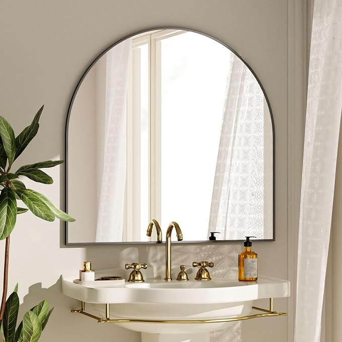 Wide Arched Wall Mirror, 31 x 32 inch Arch Bathroom Mirror Black | Wall Mounted Bathroom Vanity Mirror with Arch Metal Frame, Modern Room Decor for Bedroom, Entryway, Hanging or Leaning