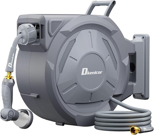 1/2" x 160 ft Retractable Hose Reel, Heavy Duty Retractable Garden Hose Reel Wall Mounted with 10-Pattern Hose Nozzle/Any Length Lock/Slow Return System/180°Swivel Bracket