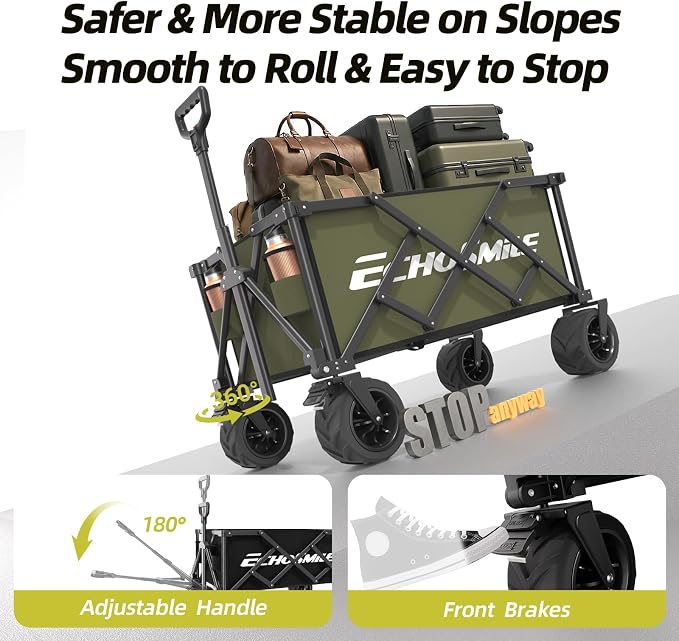 EchoSmile Collapsible Folding Wagon Cart with Compact Storage - 400Lbs Capacity All Terrain Utility Cart for Camping, Beach, Grocery, Garden,Green