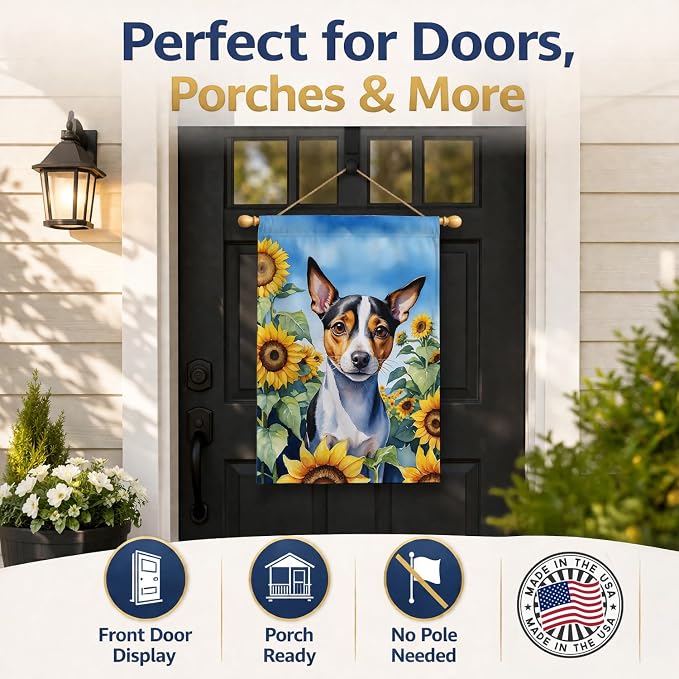 Caroline's Treasures DAC6147CHF Rat Terrier in Sunflowers House Flag Large Porch Sleeve Pole Decorative Outside Yard Banner Artwork Wall Hanging, Polyester, House Size, Multicolor