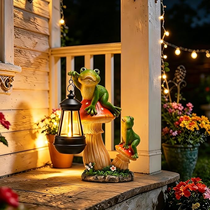 Garden Frogs Statue, Large Funny Frogs Figurine Climbing on Mushroom and Holding a Solar LED Lantern Resin Ornament for Patio Yard Lawn Porch Outdoor Decor, Women/Gardening Decoration Gifts
