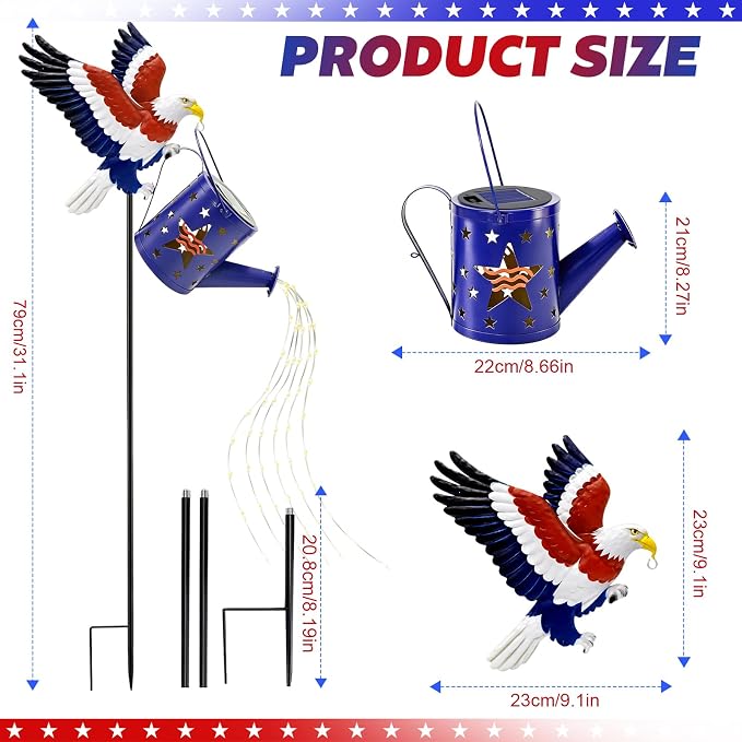 USA 250th Anniversary Solar Eagle Watering Can Lights, 29.9in Metal Eagle with Solar Lights, 4th of July Decorations Patriotic Independence Outdoor for Memorial Day Veterans Day Yard Patio Lawn Decor