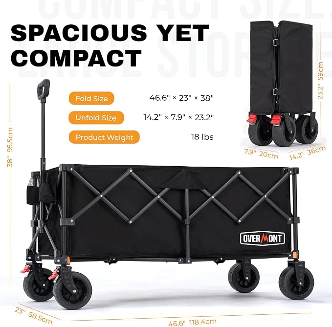 Overmont 46.6" L Extended Collapsible Wagon - 440LBS with All-Terrain Wheel | Foldable Beach Wagon with Cup Holders, Heavy Duty Folding Utility Cart, Portable for Camping Sports Grocery Garden Shopping