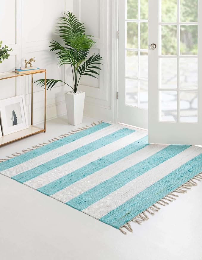 Unique Loom Chindi Rag Collection Area Rug - Striped (7' 10" Square, Turquoise and Ivory)