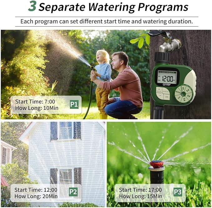 GMR Sprinkler Timer, Water Timer for Garden Hose, Hose Timers for Watering, Irrigation System with 3 Programs/Rain Delay/Manual/Auto Watering System, 1 Outlet