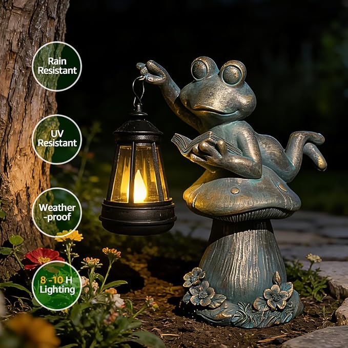 Solar Garden Outdoor Statues Lantern Figurines Light Decorations for Outdoor Patio Balcony Yard Lawn, Ideal Gifts for Mom Friends (Bronze -Frog)