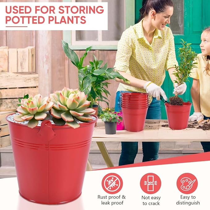 OBTANIM 7 Pack Red Metal Buckets with Handle Galvanized Ice Pails for Plants, Succulents, Party Favors Organizing, Rustic Home Decor or Classrooms Pencil Storage (6 x 4.4 inch)