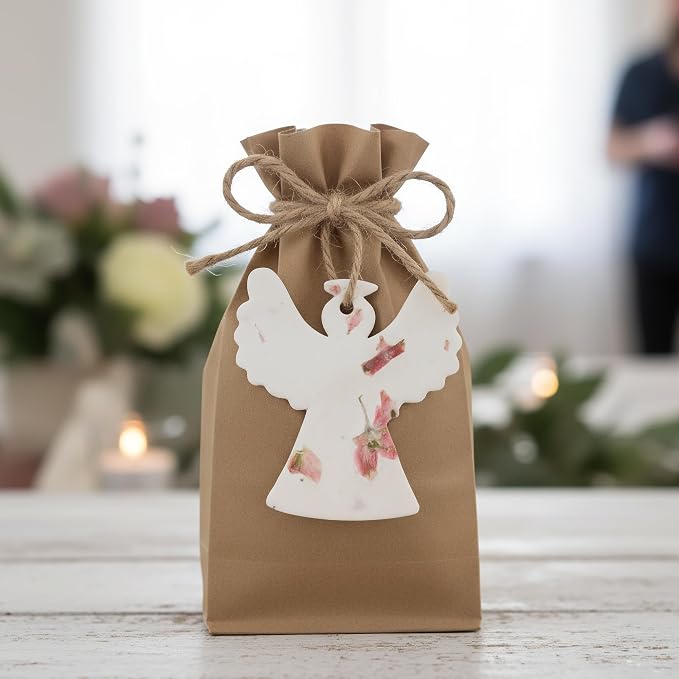 Plantable Memorial Gift Tags with Wildflower Seeds – 24 Pack Pink Angel-Shaped Writable Gift Wrap Tags for Funeral Favors, Sympathy Gifts & Celebration of Life Keepsakes