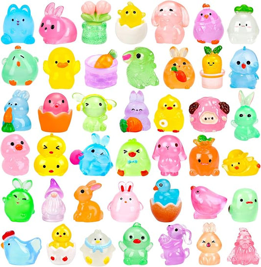 56 Pcs Easter Luminous Mini Resin Figurines 56 Style Glow in The Dark Little Small Resin Miniatures to Hide Bulk Bunny Chick Figures for Easter Party Favors Egg Fillers Micro Garden Landscape Decor