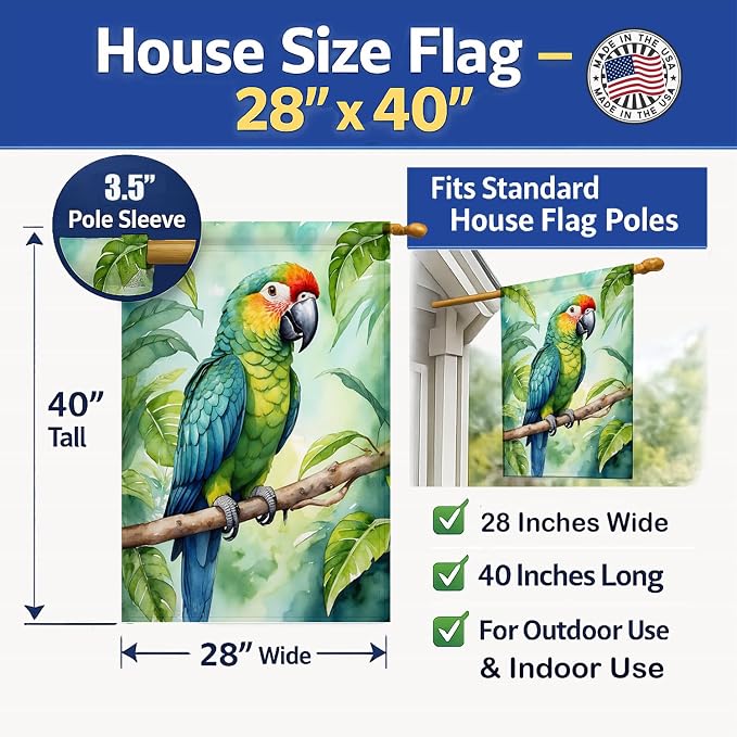 Caroline's Treasures Amazon Parrot House Flag Large Porch Sleeve Pole Decorative Outside Yard Banner Artwork Wall Hanging, Polyester, House Size, Multicolor