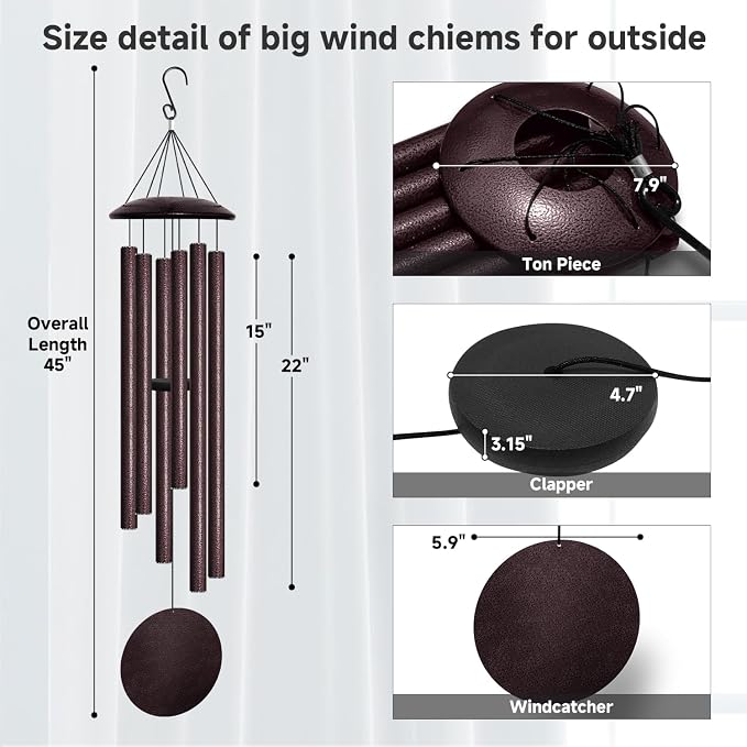 45" Large Wind Chimes for Outside, 6 Thick and Bold Aluminum Tubes Tuned Relaxing Melody Wind Chime Deep Tone, Big Wind Chimes for Garden Patio Decor, Great Gift Idea for Mother's Day (Bronze)