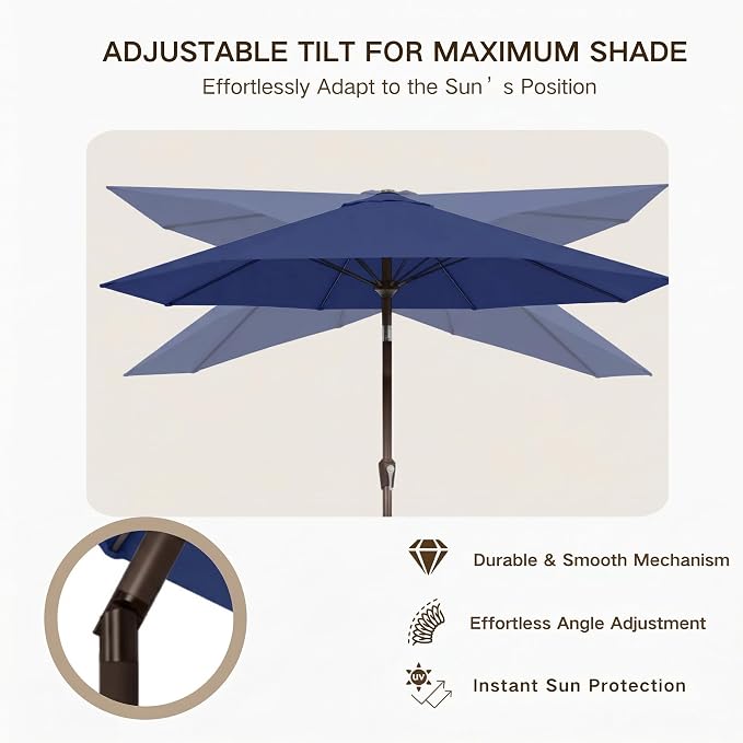 Kingdura 10FT Outdoor Patio Umbrella, Round Market Table Umbrella with Push‑Button Tilt and Crank Lift, 8 Sturdy Metal Ribs, UV50+ Protection Canopy for Backyard, Lawn, Deck, Poolside, Garden (Navy blue)