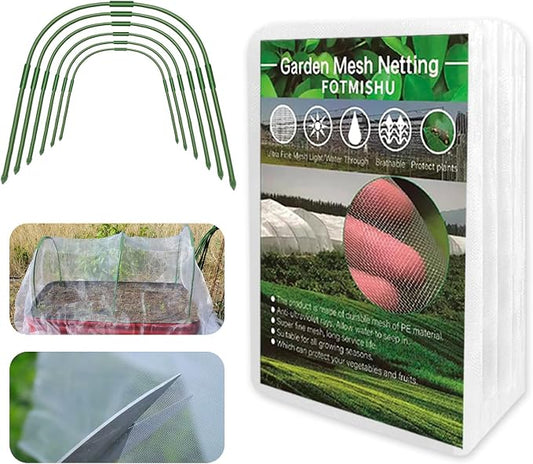 Garden Netting Kit, Garden Hoops 6Pcs 37.4" x 27.5" +10x33FT Garden Mesh Netting Barrier Bird Barrier Protection Net Vegetable Fruit Plant Cover