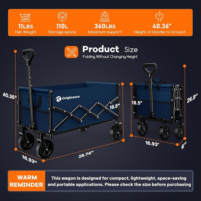 Originsure Collapsible Wagon Cart Foldable - Lightweight Portable Heavy Duty Folding Beach Wagons with Wheels - Outdoor Utility Carts for Grocery, Camping, Shopping, Sports with Large Capacity - Blue