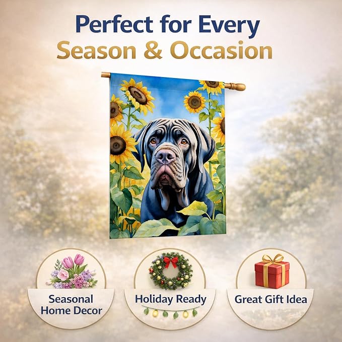 Caroline's Treasures DAC6122CHF Neapolitan Mastiff in Sunflowers House Flag Large Porch Sleeve Pole Decorative Outside Yard Banner Artwork Wall Hanging, Polyester, House Size, Multicolor