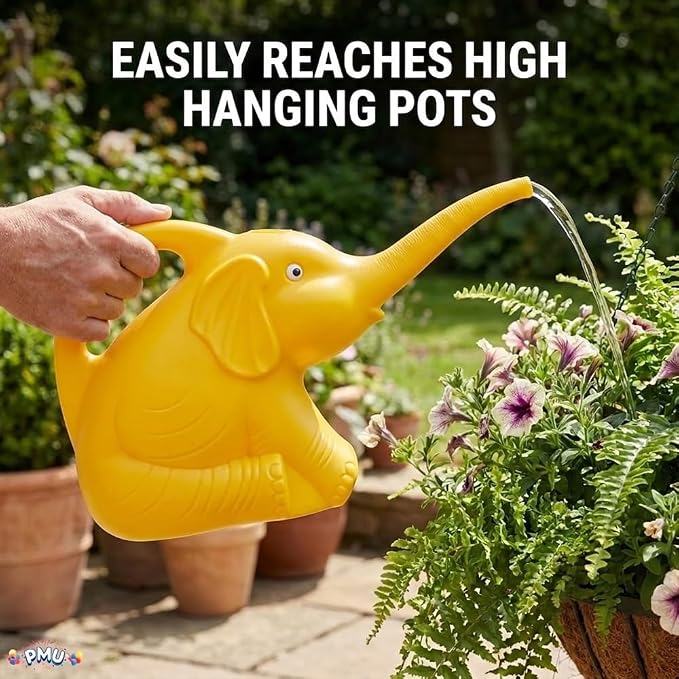 PMU 2-Quart Elephant Watering Can – Durable Plastic Garden Watering Can for Indoor & Outdoor Plants, Easy-Pour Spout, Large Water Pot, Yellow
