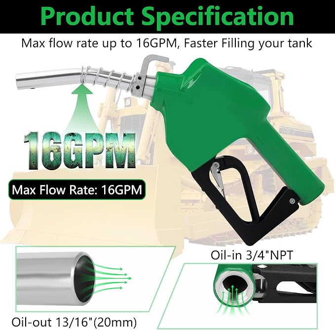 Azdele 3/4" NPT Automatic Fuel Nozzle, Diesel Gas Pump Handle, 13/16"(OD=23mm) 9-16 GPM Flow(Auto Shut Off 3-speed Latch), Fuel Transfer Pump Nozzle For Gasoline, Diesel, Biodiesel, Kerosene