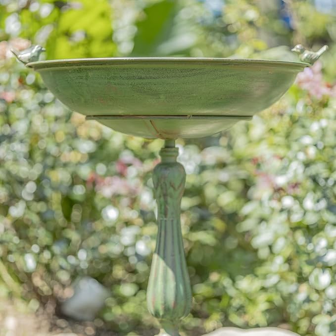 Zaer Ltd. Ornate Metal Pedestal Style Birdbath with Cast Iron Birds on Rim Full Base (Green)