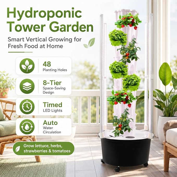 8 Tier Hydroponic Tower Garden - Indoor Vertical Gardening System 48 Holes with LED Grow Light & Self-Watering Pump, for Strawberries Lettuce Herbs, Home Grow Kit with Timer & Wheels