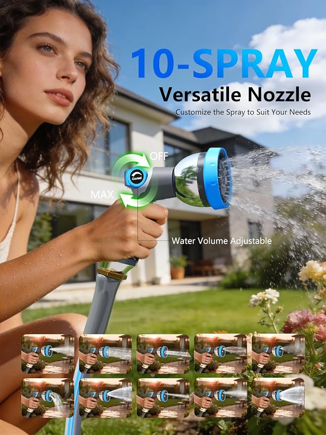 Retractable Garden Hose Reel 1/2 in x 65 ft Heavy Duty Automatic Water Hose Reel with 10-Function Sprayer Nozzle Kink-Free Auto Rewind Any-Length Lock 180° Swivel UV Resistant - Light Gray