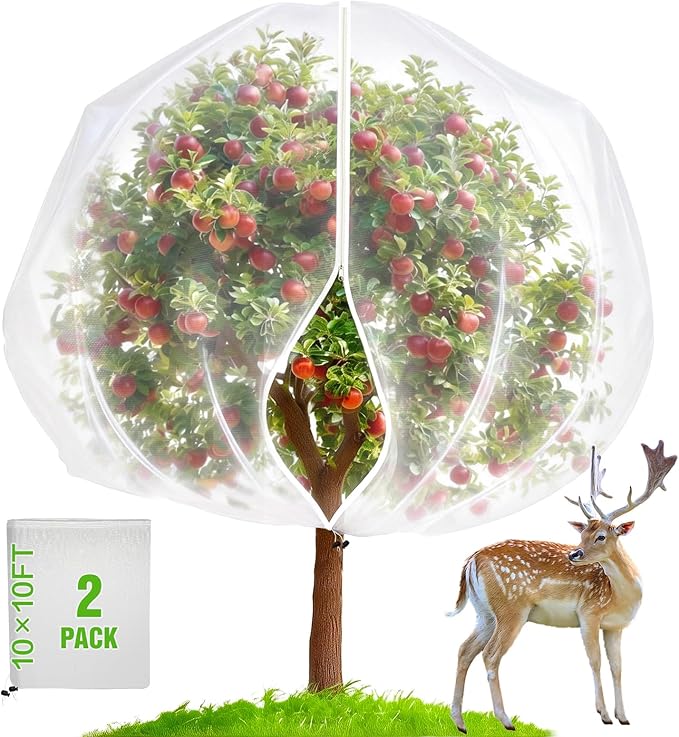 JoyHalo Large Fruit Tree Netting with Zipper & Drawstring, 10 × 10FT Pest Barrier Netting for Garden, 60-Mesh PE Tree Covers for Bush, Blueberry, Vegetables & Plant Protection (2 Packs)