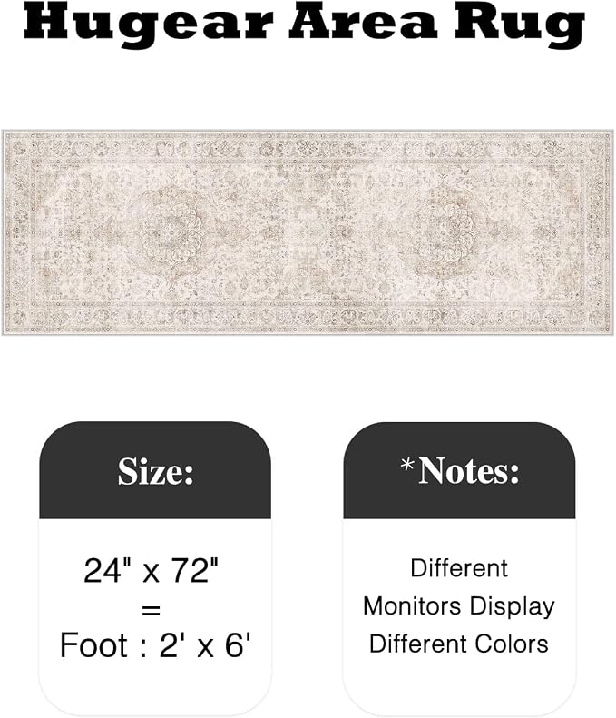 2x6 Runner Rug Hallway Vintage Beige Machine Washable Neutral Floral Low Pile Carpet Vacuumable Thin Long Throw Rug Bedroom Office Bathroom Kitchen Laundry Non Slip Soft Lightweight