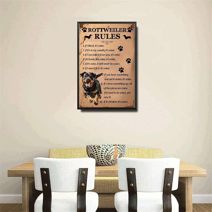 Metal Sign Tin Sign Vintage Wall Art Rottweiler Rules Sign for Garden for Bar 8×12 Inches with Metal Frame