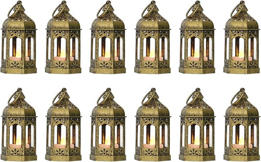 LLQ 12Pcs 5-Inch Ramadan Mini Lanterns - Ramadan & Eid Mubarak Decorations - Vintage Table Centerpieces for Wedding&Christmas Decor - LED Flickering Lantern Light for Hang Ornaments(Brushed Brass)